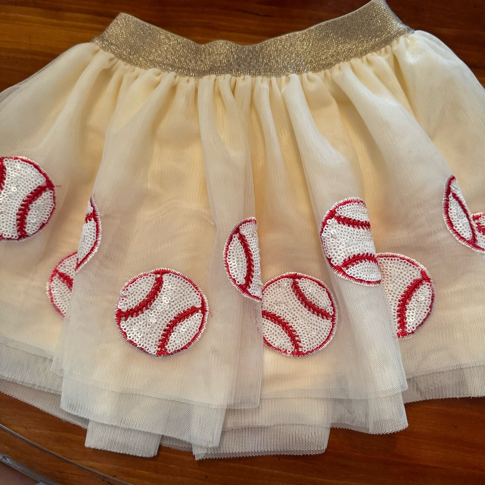 NWOT Angel Dear Red White Gold and Cream Tulle Skirt with Baseball Sequins 2-4yr